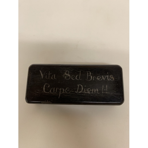 59 - A BONE CARVED BOX (MOMENTO IMORI 'REMEMBER YOU MUST DIE') AND ('LIFE IS SHORT, SEIZE THE DAY')