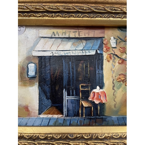 48 - A SMALL OIL PAINTING OF A CAFE IN A GILT FRAME ON AN EASEL, 25CM X 30CM