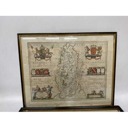 30 - A JOHAN BLAEU LATE 17TH CENTURY HARD TINTED MAP OF NOTTINGHAM TOGETHER WITH A MAP OF STAFFORDSHIRE