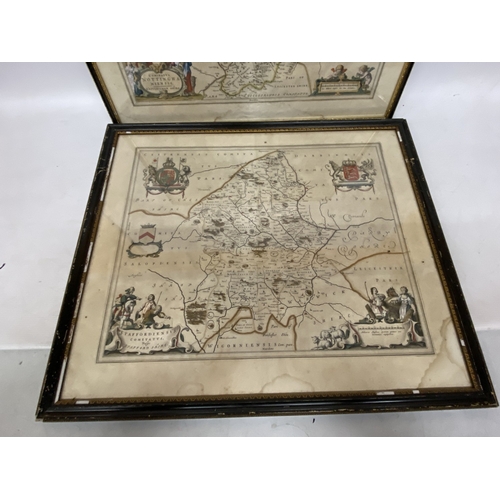 30 - A JOHAN BLAEU LATE 17TH CENTURY HARD TINTED MAP OF NOTTINGHAM TOGETHER WITH A MAP OF STAFFORDSHIRE