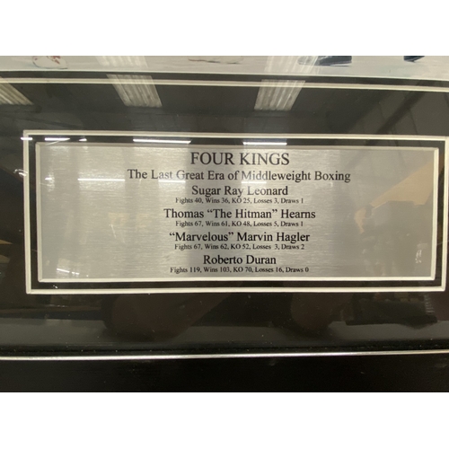 46 - A PROFESSIONALLY FRAMED AND MOUNTED BOXING DISPLAY OF SUGAR RAY, LEONARD HEARNS, HAGLER, ETC.,