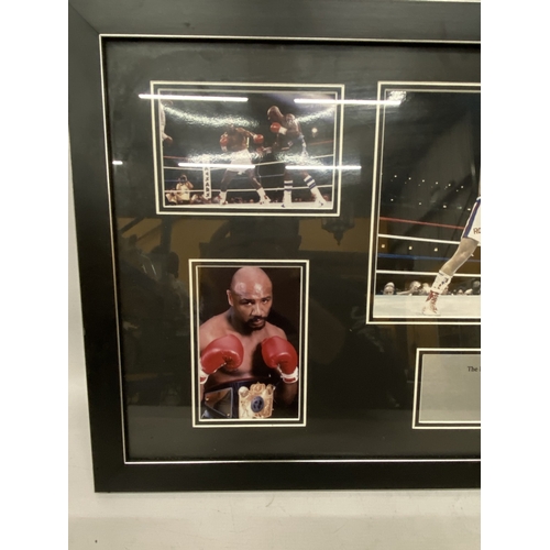 46 - A PROFESSIONALLY FRAMED AND MOUNTED BOXING DISPLAY OF SUGAR RAY, LEONARD HEARNS, HAGLER, ETC.,