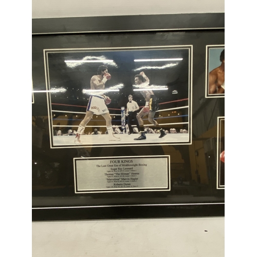 46 - A PROFESSIONALLY FRAMED AND MOUNTED BOXING DISPLAY OF SUGAR RAY, LEONARD HEARNS, HAGLER, ETC.,