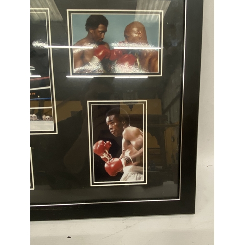 46 - A PROFESSIONALLY FRAMED AND MOUNTED BOXING DISPLAY OF SUGAR RAY, LEONARD HEARNS, HAGLER, ETC.,