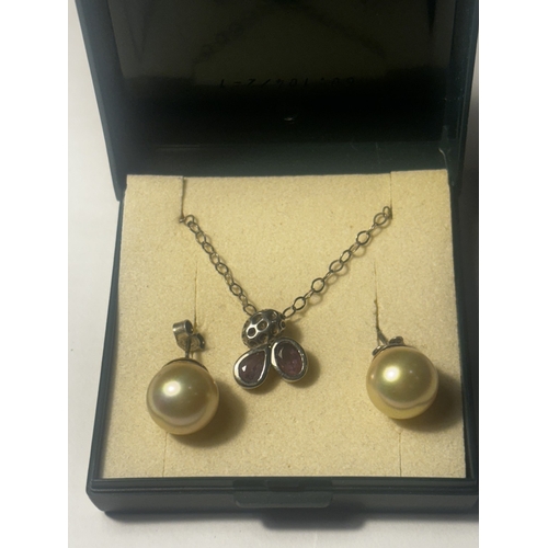 699 - A MARKED SILVER NECKLACE WITH PENDANT AND A PAIR OF MARKED SILVER LARGE SOLITAIRE PEARL EARRINGS WIT... 