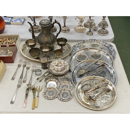 108 - A LARGE QUANTITY OF SILVER-PLATE AND PEWTER TO INCLUDE TRAYS, GOBLETS, FLATWARE, COFFEEPOT (MISSING ... 