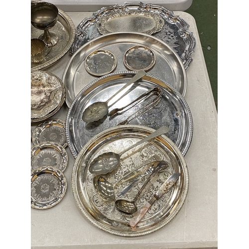 108 - A LARGE QUANTITY OF SILVER-PLATE AND PEWTER TO INCLUDE TRAYS, GOBLETS, FLATWARE, COFFEEPOT (MISSING ... 