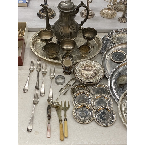 108 - A LARGE QUANTITY OF SILVER-PLATE AND PEWTER TO INCLUDE TRAYS, GOBLETS, FLATWARE, COFFEEPOT (MISSING ... 