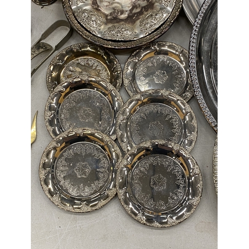 108 - A LARGE QUANTITY OF SILVER-PLATE AND PEWTER TO INCLUDE TRAYS, GOBLETS, FLATWARE, COFFEEPOT (MISSING ... 