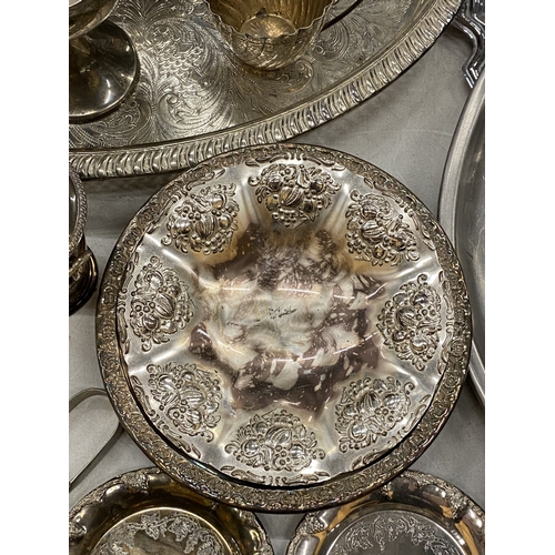 108 - A LARGE QUANTITY OF SILVER-PLATE AND PEWTER TO INCLUDE TRAYS, GOBLETS, FLATWARE, COFFEEPOT (MISSING ... 