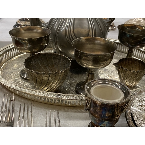 108 - A LARGE QUANTITY OF SILVER-PLATE AND PEWTER TO INCLUDE TRAYS, GOBLETS, FLATWARE, COFFEEPOT (MISSING ... 