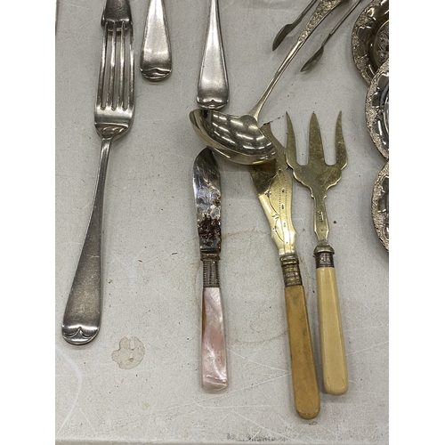 108 - A LARGE QUANTITY OF SILVER-PLATE AND PEWTER TO INCLUDE TRAYS, GOBLETS, FLATWARE, COFFEEPOT (MISSING ... 