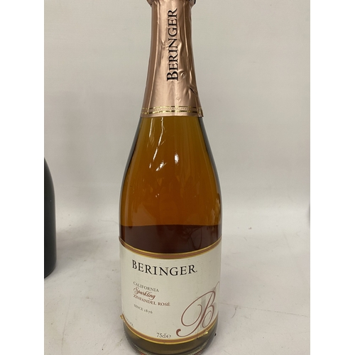 344 - THREE 75CL BOTTLES TO INCLUDE A BERINGER SPARKLING ZINFANDEL ROSE, A MASHIO PROSECCO AND A VINTAGE G... 