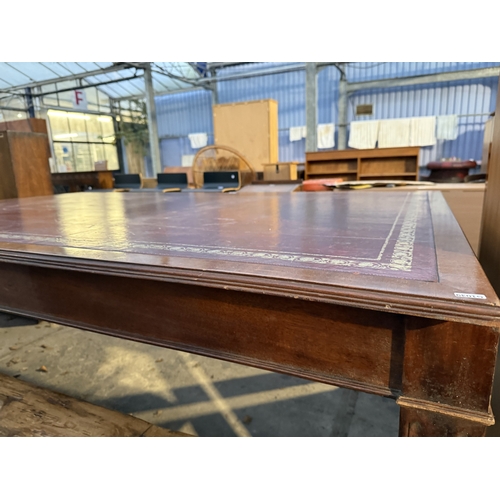 2739 - A 19TH CENTURY STYLE BOARDROOM TABLE WITH LEATHER TOP ON SQUARE LEGS, 84