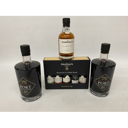 371 - TWO 50CL BOTTLES OF M&S SPECIAL RESERVE PORT TOGETHER WITH A 20CL BOTTLE OF CHURCHILL'S DRY WHITE PO... 