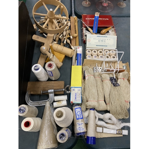 71 - A LARGE QUANTITY OF LACE MAKING EQUIPMENT TO INCLUDE A LOOM, BOBBINS, THREADS, NEEDLES, TOOLS, ETC