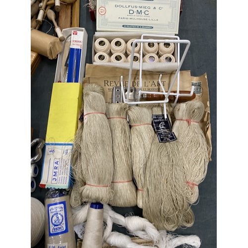 71 - A LARGE QUANTITY OF LACE MAKING EQUIPMENT TO INCLUDE A LOOM, BOBBINS, THREADS, NEEDLES, TOOLS, ETC