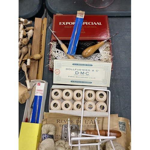 71 - A LARGE QUANTITY OF LACE MAKING EQUIPMENT TO INCLUDE A LOOM, BOBBINS, THREADS, NEEDLES, TOOLS, ETC
