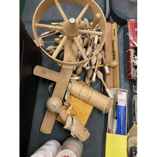 71 - A LARGE QUANTITY OF LACE MAKING EQUIPMENT TO INCLUDE A LOOM, BOBBINS, THREADS, NEEDLES, TOOLS, ETC