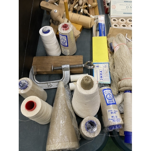 71 - A LARGE QUANTITY OF LACE MAKING EQUIPMENT TO INCLUDE A LOOM, BOBBINS, THREADS, NEEDLES, TOOLS, ETC