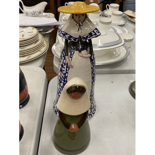 143 - A BLUE AND WHITE CERAMIC BELL GIRL WITH A YELLOW HAT TOGETHER WITH A JIE KERAMIK GANTOFTA STYLE CERA... 