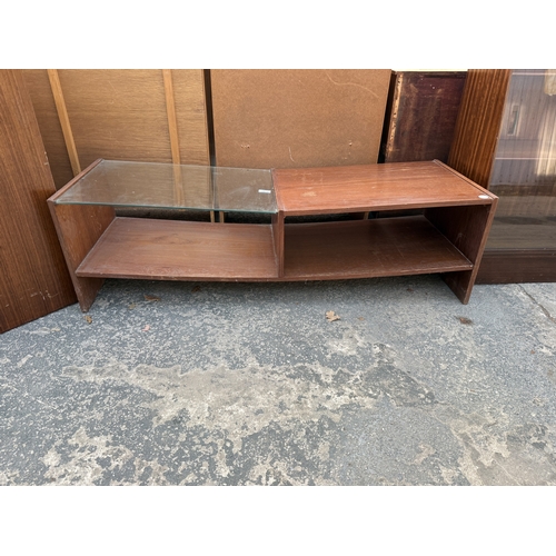2574 - A RETRO TEAK COFFEE TABLE WITH PARTIALLY GLAZED TOP, 50