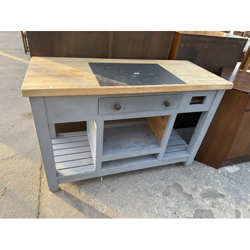 2576 - A PAINTED KITCHEN WORK TABLE WITH WOODBLOCK AND SLATE INSET TOP, 55