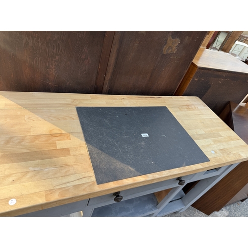 2576 - A PAINTED KITCHEN WORK TABLE WITH WOODBLOCK AND SLATE INSET TOP, 55