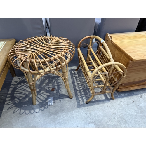 2685 - A BAMBOO AND WICKER STOOL AND MAGAZINE RACK