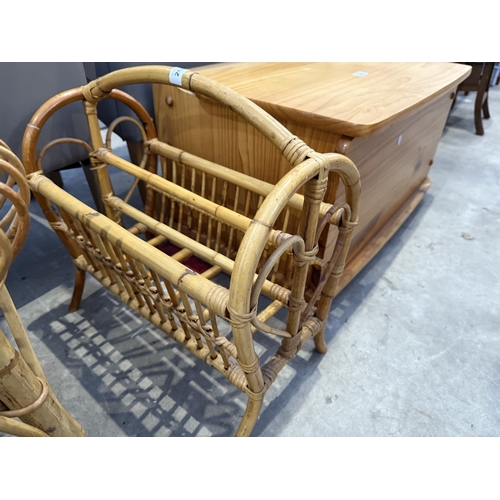 2685 - A BAMBOO AND WICKER STOOL AND MAGAZINE RACK