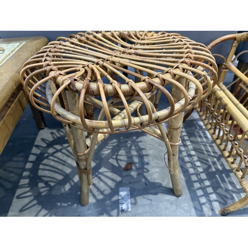 2685 - A BAMBOO AND WICKER STOOL AND MAGAZINE RACK