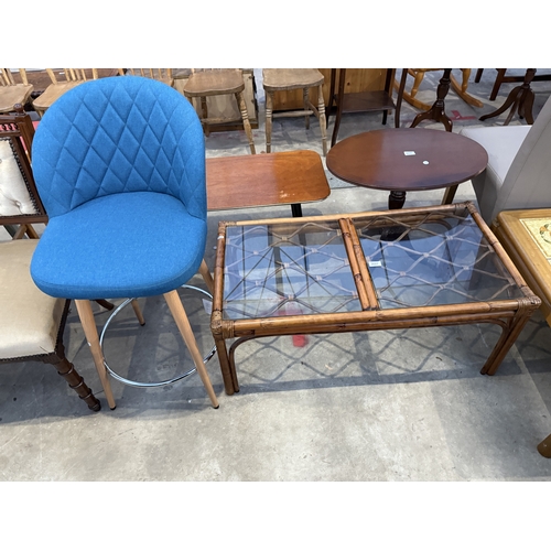 2687 - A BAMBOO AND WICKER GLASS TOP COFFEE TABLE AND DUNELM HIGH BACK STOOL