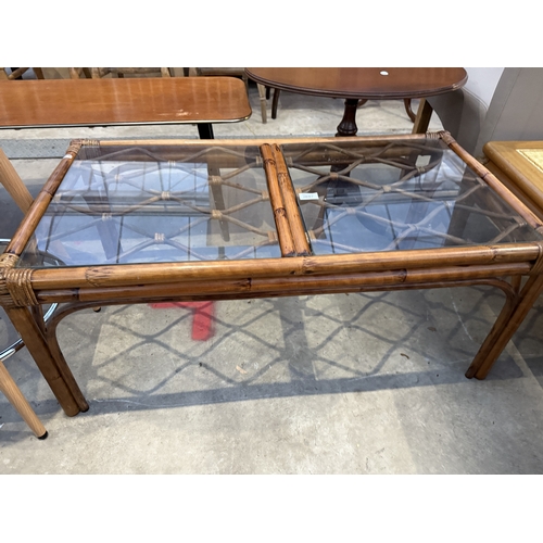 2687 - A BAMBOO AND WICKER GLASS TOP COFFEE TABLE AND DUNELM HIGH BACK STOOL