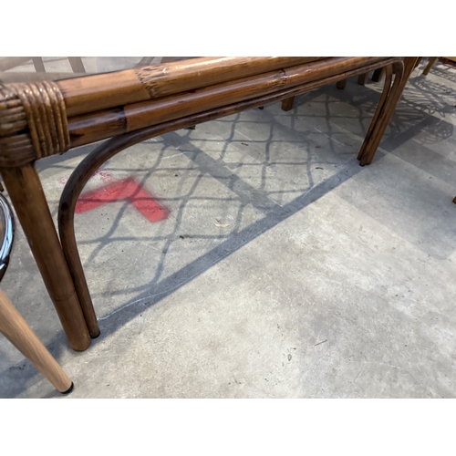 2687 - A BAMBOO AND WICKER GLASS TOP COFFEE TABLE AND DUNELM HIGH BACK STOOL