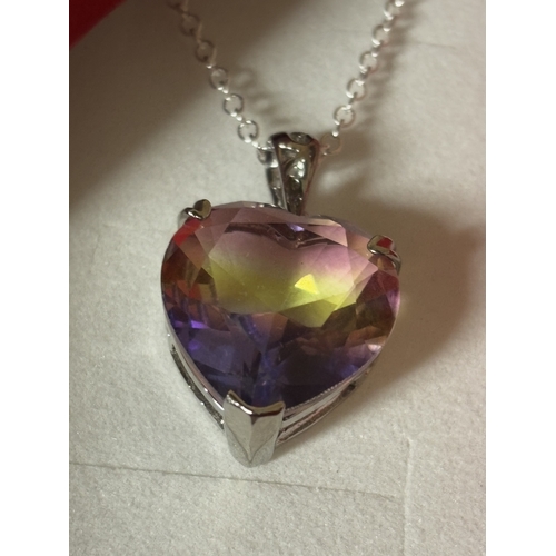 599 - A MARKED 925 MULTI TOURMALINE HEART NECKLACE IN A PRESENTATION BOX