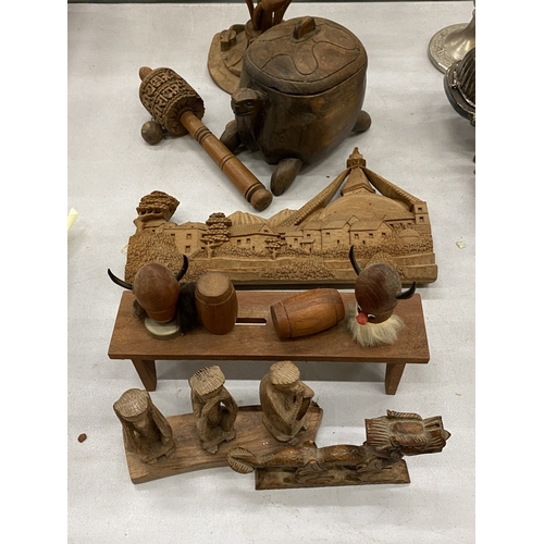 182 - A COLLECTION OF TREEN ITEMS TO INCLUDE A WOODEN MECHANICAL OPENING LOTUS FLOWER, TIBETAN BUDDHIST PR... 