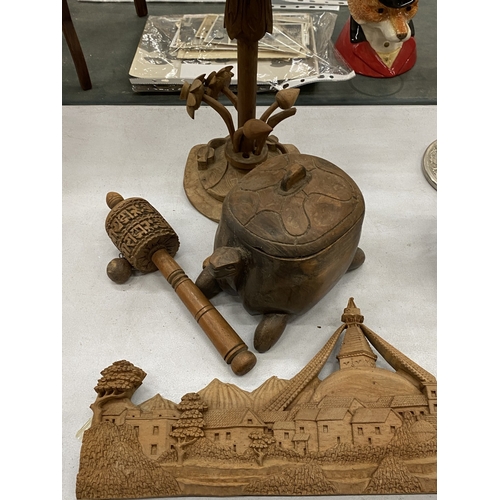 182 - A COLLECTION OF TREEN ITEMS TO INCLUDE A WOODEN MECHANICAL OPENING LOTUS FLOWER, TIBETAN BUDDHIST PR... 