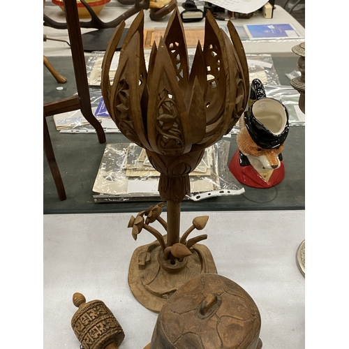 182 - A COLLECTION OF TREEN ITEMS TO INCLUDE A WOODEN MECHANICAL OPENING LOTUS FLOWER, TIBETAN BUDDHIST PR... 