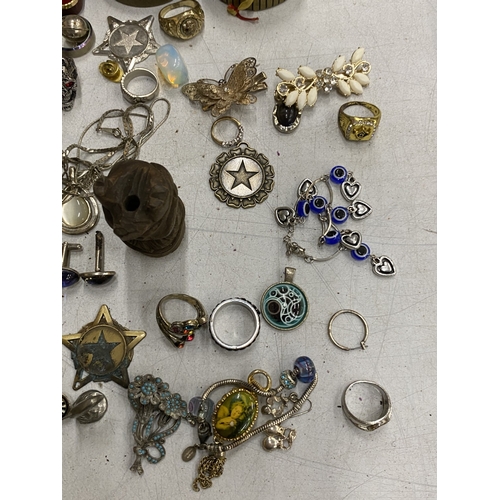 215 - A QUANTITY OF COSTUME JEWELLERY TO INCLUDE RINGS, BROOCHES, NECKLACES, PIN BADGES, CUFFLINKS, ETC