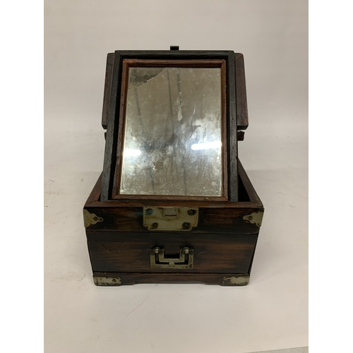 70A - A VINTAGE CHINESE SHAVING/VANITY BOX , WITH BRASS BANDING, DRAWER AND MIRROR - MIRROR A/F