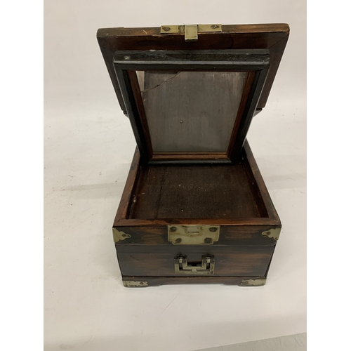 70A - A VINTAGE CHINESE SHAVING/VANITY BOX , WITH BRASS BANDING, DRAWER AND MIRROR - MIRROR A/F