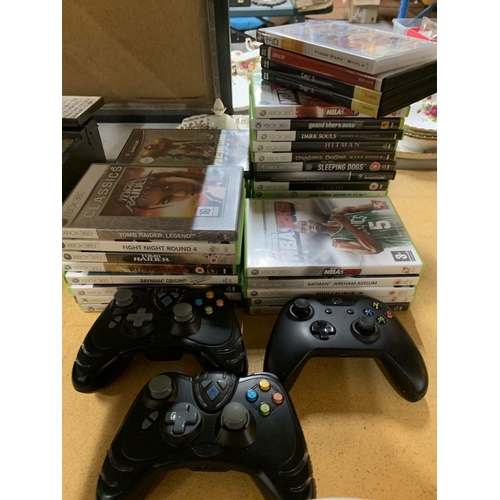 A LARGE COLLECTION OF XBOX 360 GAMES PLUS THREE CONTROLLERS
