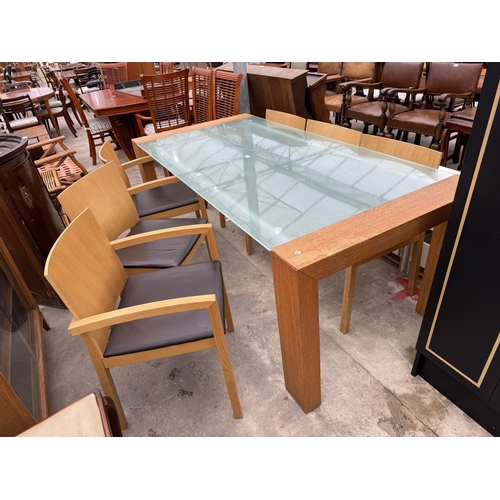 2760 - AN OAK AND TUBULAR METAL FRAMED DINING TABLE, 79