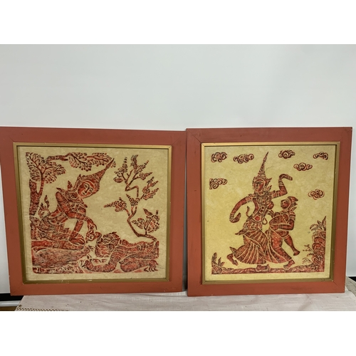 305 - A PAIR OF VINTAGE THAI TEMPLE RUBBINGS ON RICE PAPER DEPICTING A THAI FEMALE DANCER AND MUSICIAN AND... 