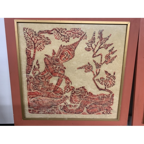 305 - A PAIR OF VINTAGE THAI TEMPLE RUBBINGS ON RICE PAPER DEPICTING A THAI FEMALE DANCER AND MUSICIAN AND... 