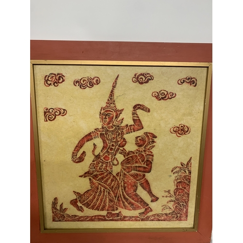 305 - A PAIR OF VINTAGE THAI TEMPLE RUBBINGS ON RICE PAPER DEPICTING A THAI FEMALE DANCER AND MUSICIAN AND... 