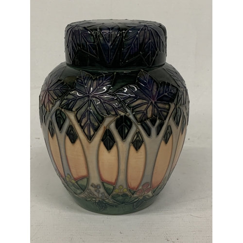 410 - A MOORCROFT CLUNY PATTERN GINGER JAR WITH COVER, HEIGHT 16CM