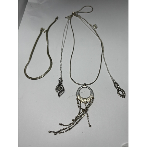 669 - THREE SILVER NECKLACES WITH PENDANTS AND AN ANKLE CHAIN GROSS WEIGHT 16.39 GRAMS