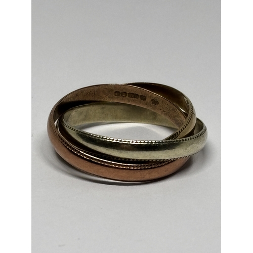 531 - A MARKED 9 CARAT GOLD THREE COLOUR RUSSIAN THREE BAND RING SIZE P GROSS WEIGHT 4.18 GRAMS