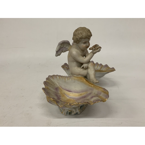 13 - AN EARLY 20TH CENTURY GERMAN PORCELAIN FIGURE OF A SHELL ANGEL WITH WINGS